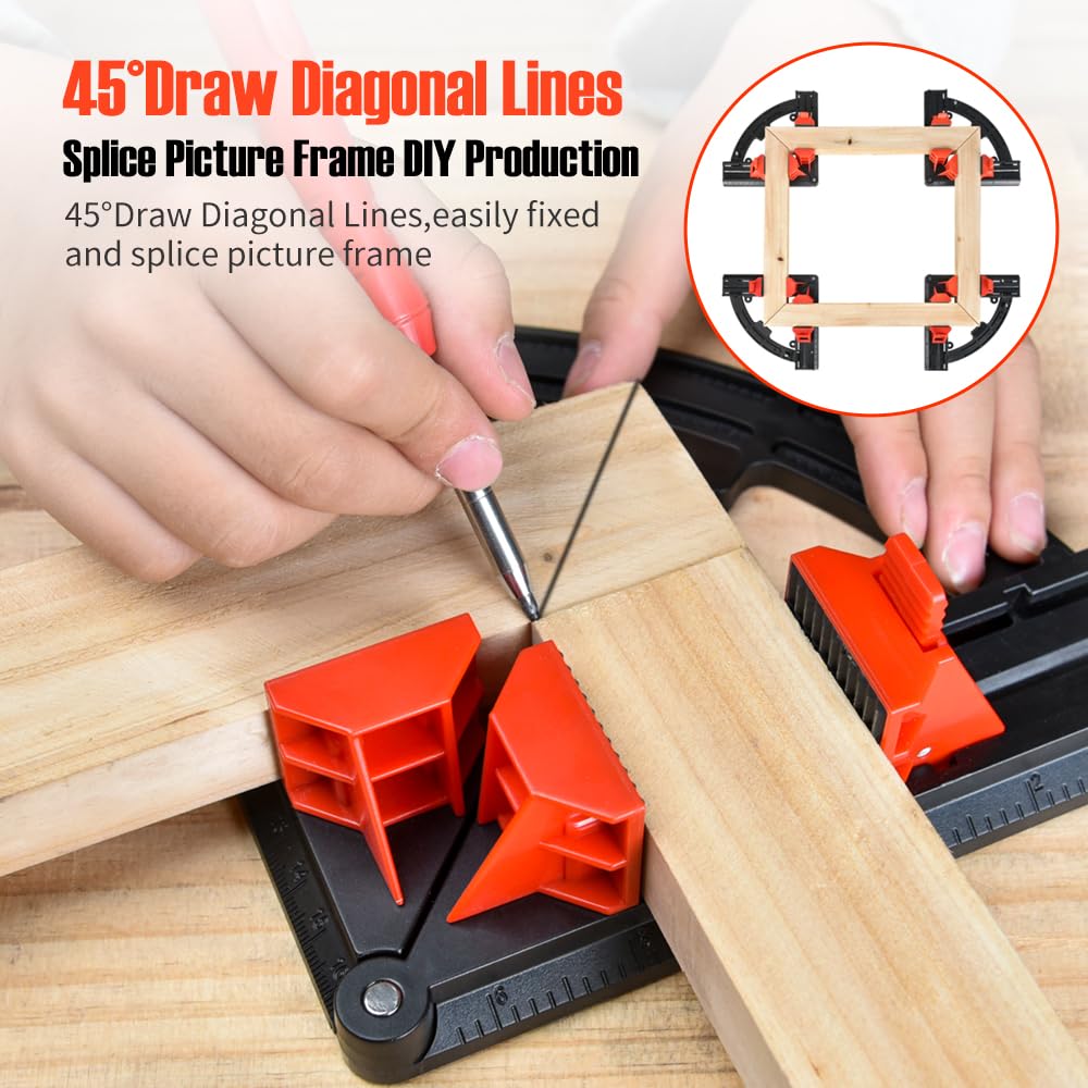 Eewudwok Multi Angles Movable Right Angle Corner Clamps, 2 In 1 Mitre Woodworking Measuring Accessories, 30-90 Degrees Adjustable Cutting Tool for Eewudwok