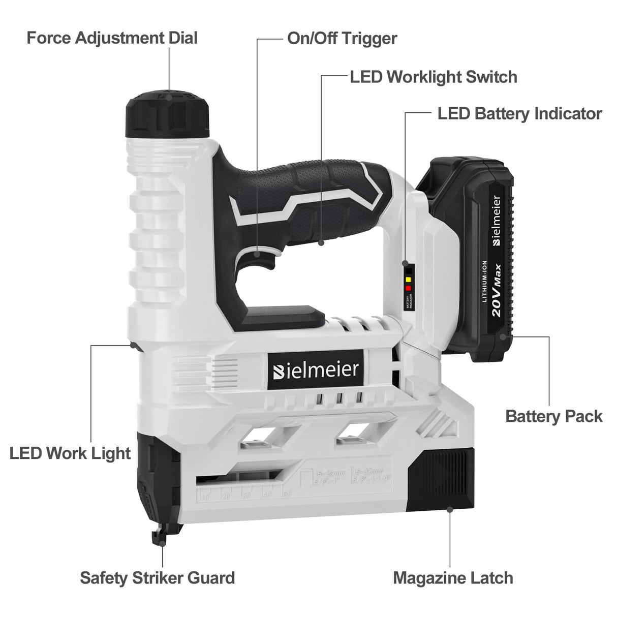Bielmeier 20V Cordless Brad Nailer, 2-in-1 18 Gauge Nail Gun Battery Powered, Electric Staple Gun for Upholstery, Carpentry, and DIY, Include 2.0Ah BIELMEIER