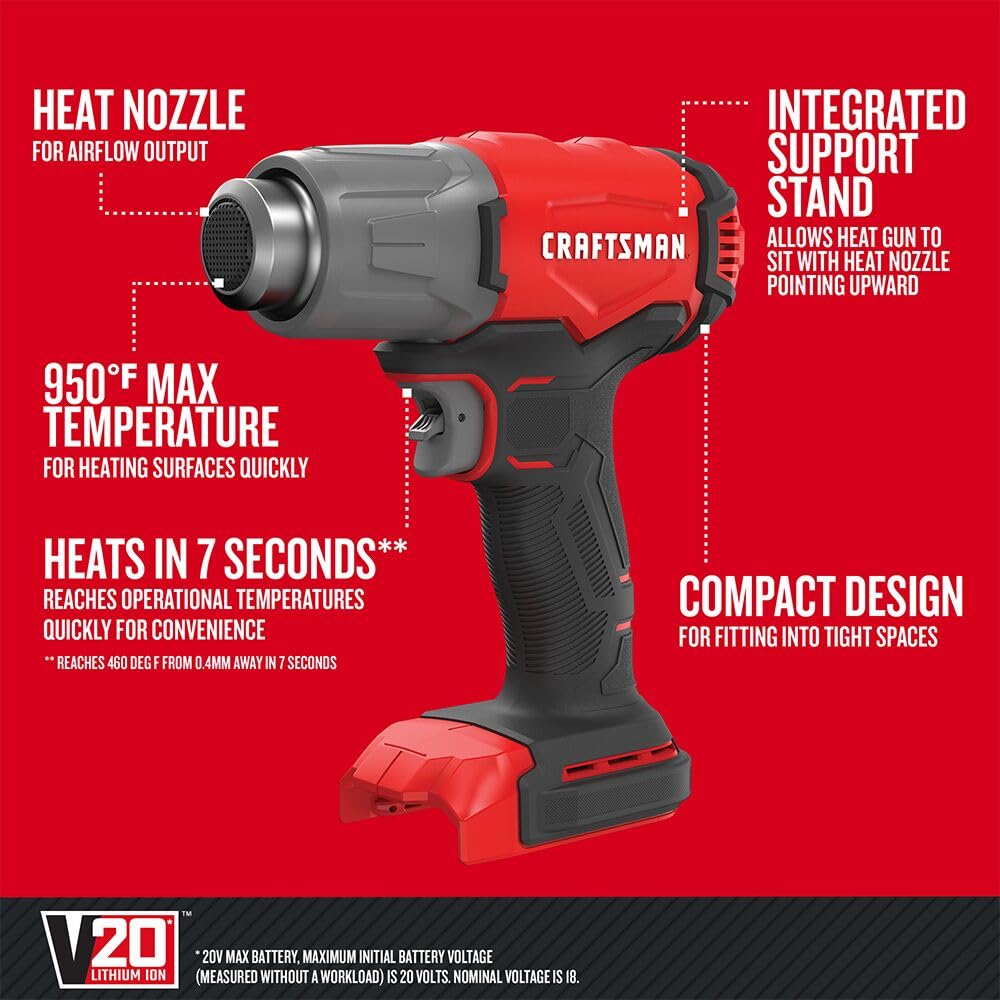 CRAFTSMAN V20 Cordless Heat Gun, Up to 950 Degrees F, Bare Tool Only (CMCE530B) Craftsman