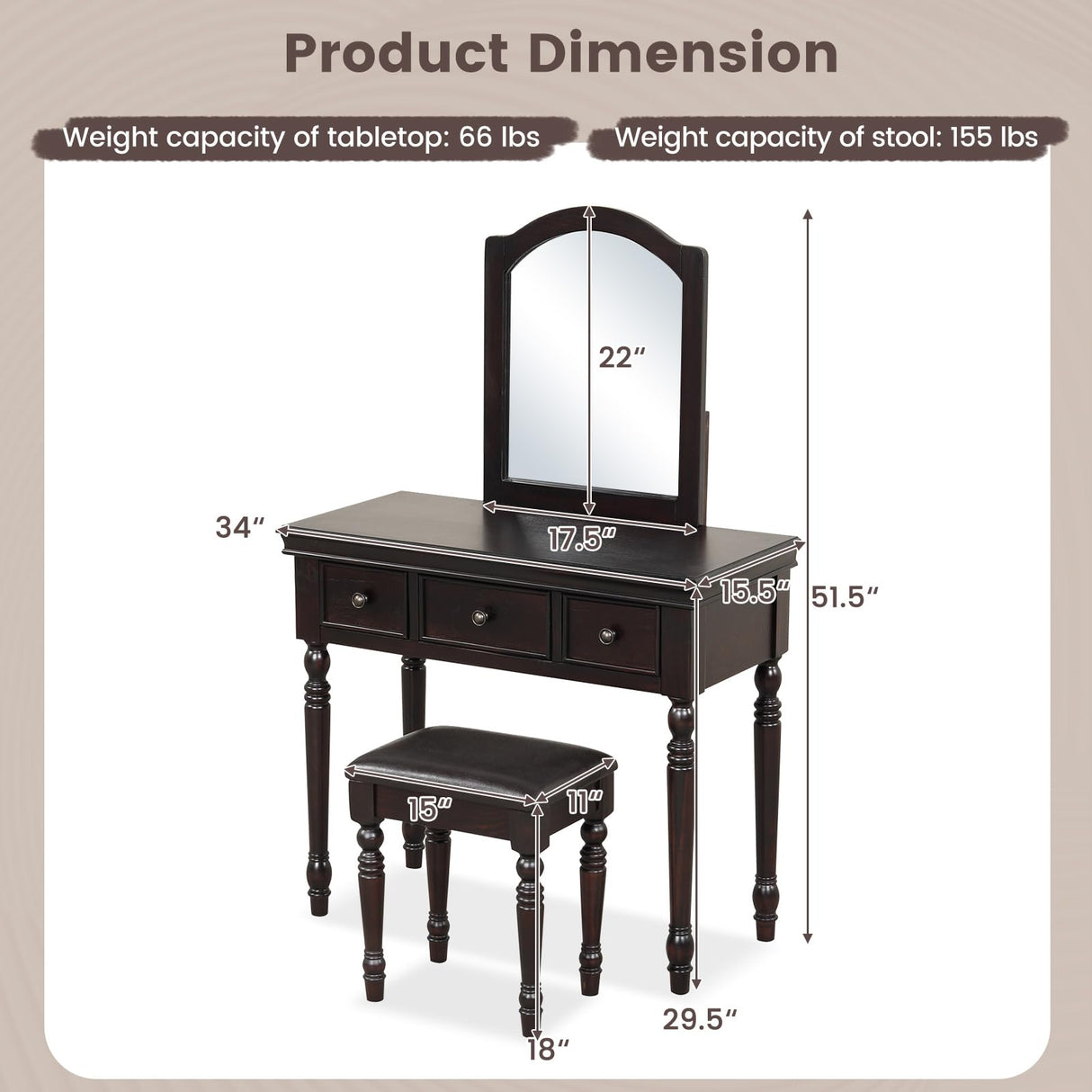 CHARMAID Makeup Vanity Desk with Mirror and Stool, 34'' Wide Vanity Table Set with Large Mirror, 3 Drawers, Cushioned Stool, Solid Wood Legs, Bedroom CHARMAID