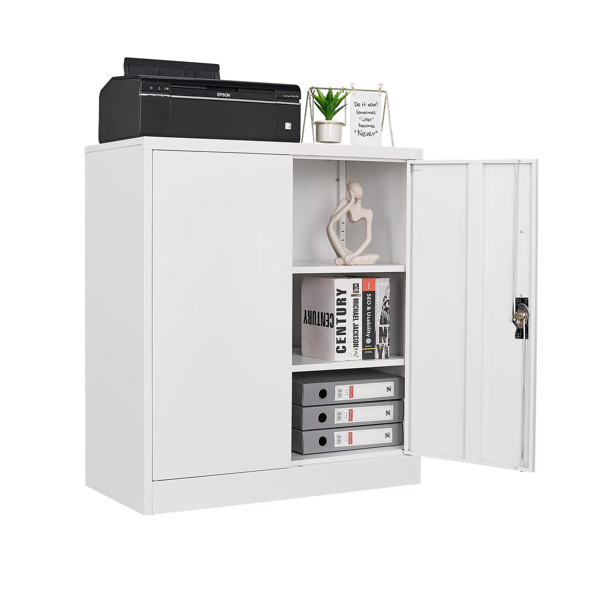 STANI Metal Storage Cabinet with 2 Adjustable Shelves, Steel Counter Cabinet with Lockable Doors for Home Office Warehouse Garage (White, 36" H-Style STANI