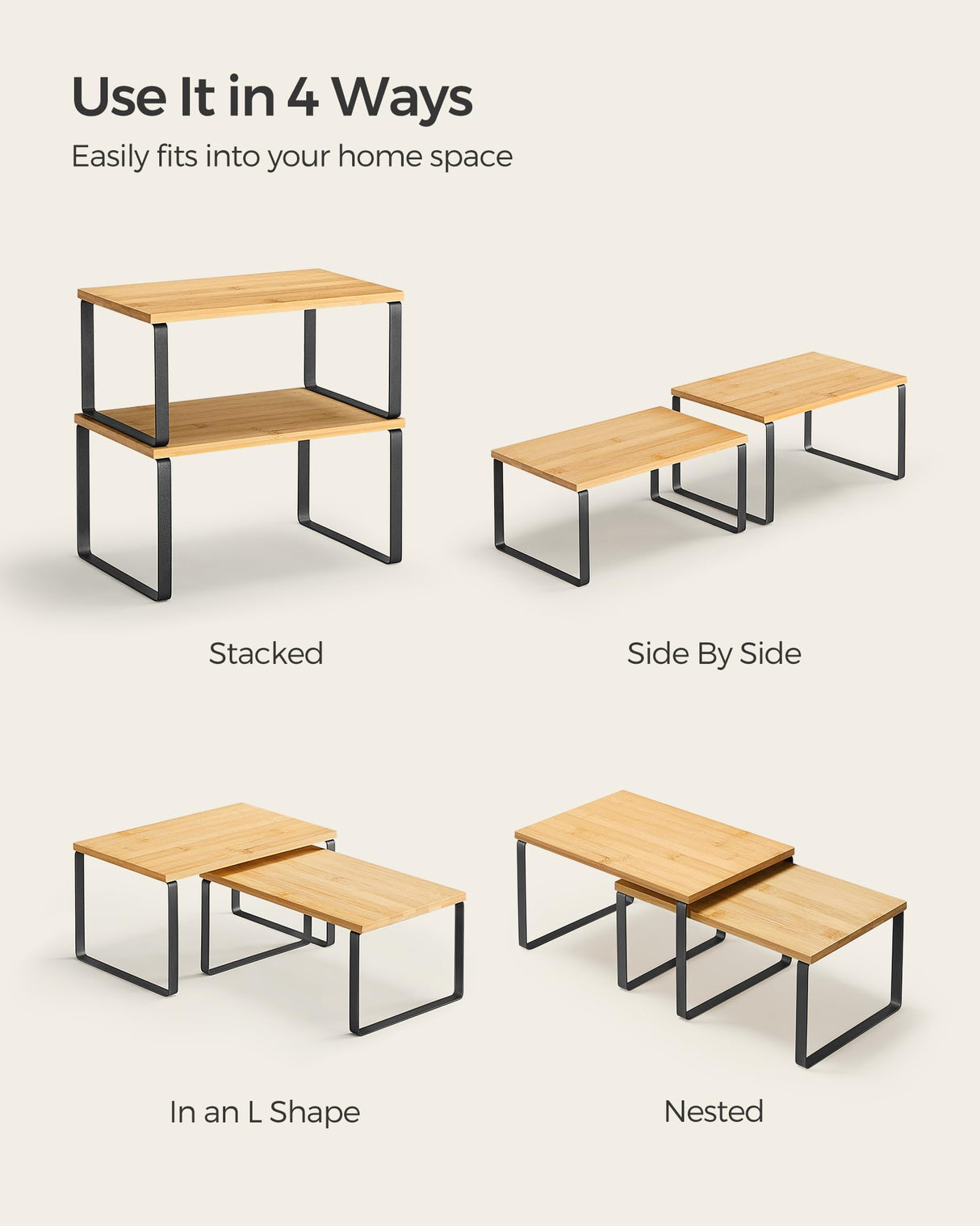 SONGMICS Cabinet Organizer Shelf, Set of 2 Kitchen Counter Shelves, Kitchen Storage, Spice Rack, Stackable, Expandable, Metal and Engineered Wood, SONGMICS