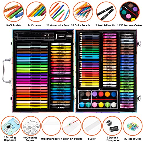 POPYOLA Art Supplies, 180 Piece Drawing Painting Art Kit with Clipboard and Coloring Papers, Gifts Art Set Case with Oil Pastels, Crayons, Colored POPYOLA