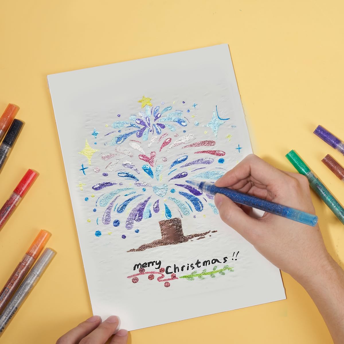 LIGHTWISH Glitter Markers 12 Colors,Sparkling Metallic Glitter Pens Water-Based Acrylic Paint Pens for Crafts Art Drawing Mug Glass Ceramic Wood LIGHTWISH