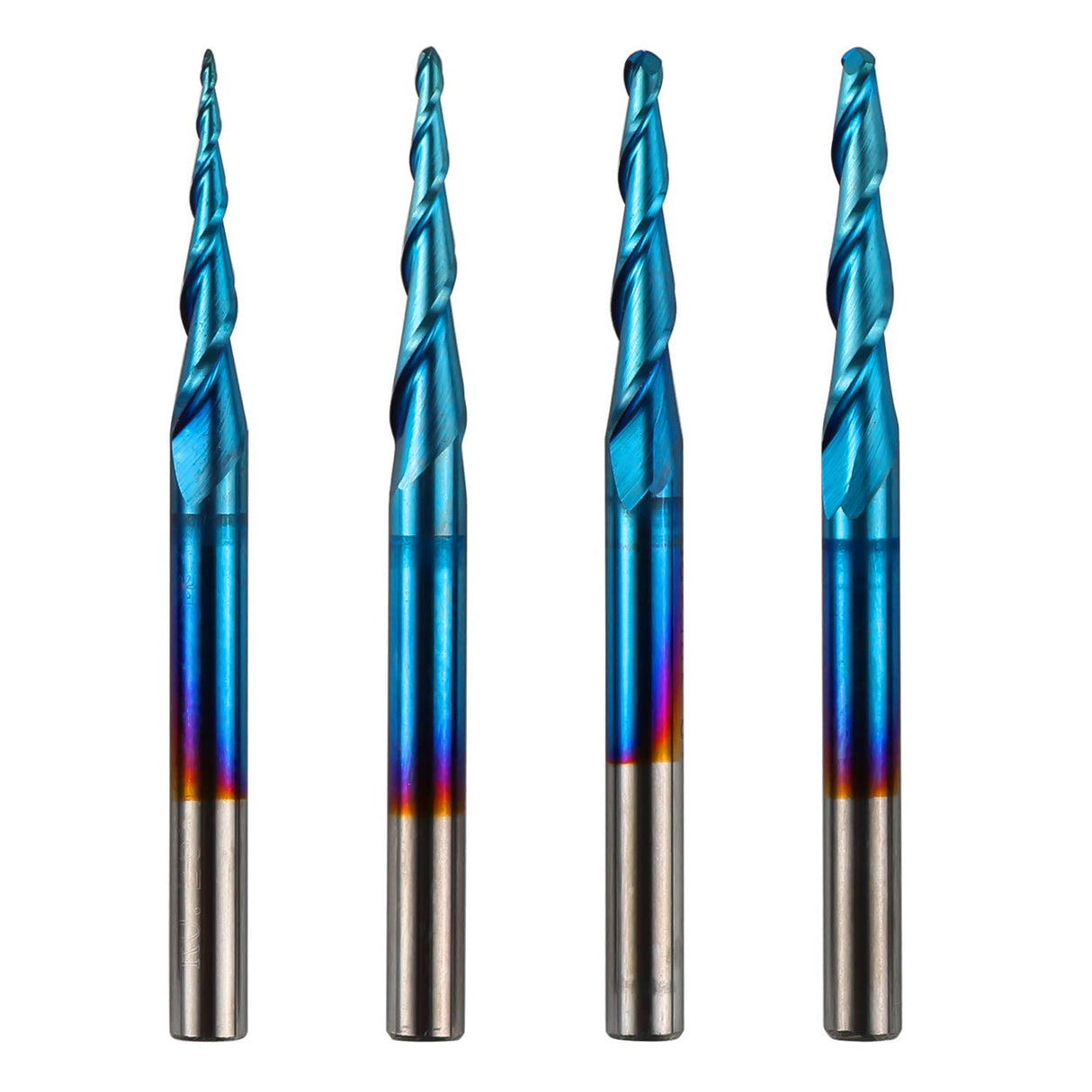 Genmitsu 4pcs 2-Flute Tapered Ball Nose End Mills Tungsten Carbide Cutter with Nano Blue Coat, R0.25-1.0, 1/8” Shank, TB04A Genmitsu
