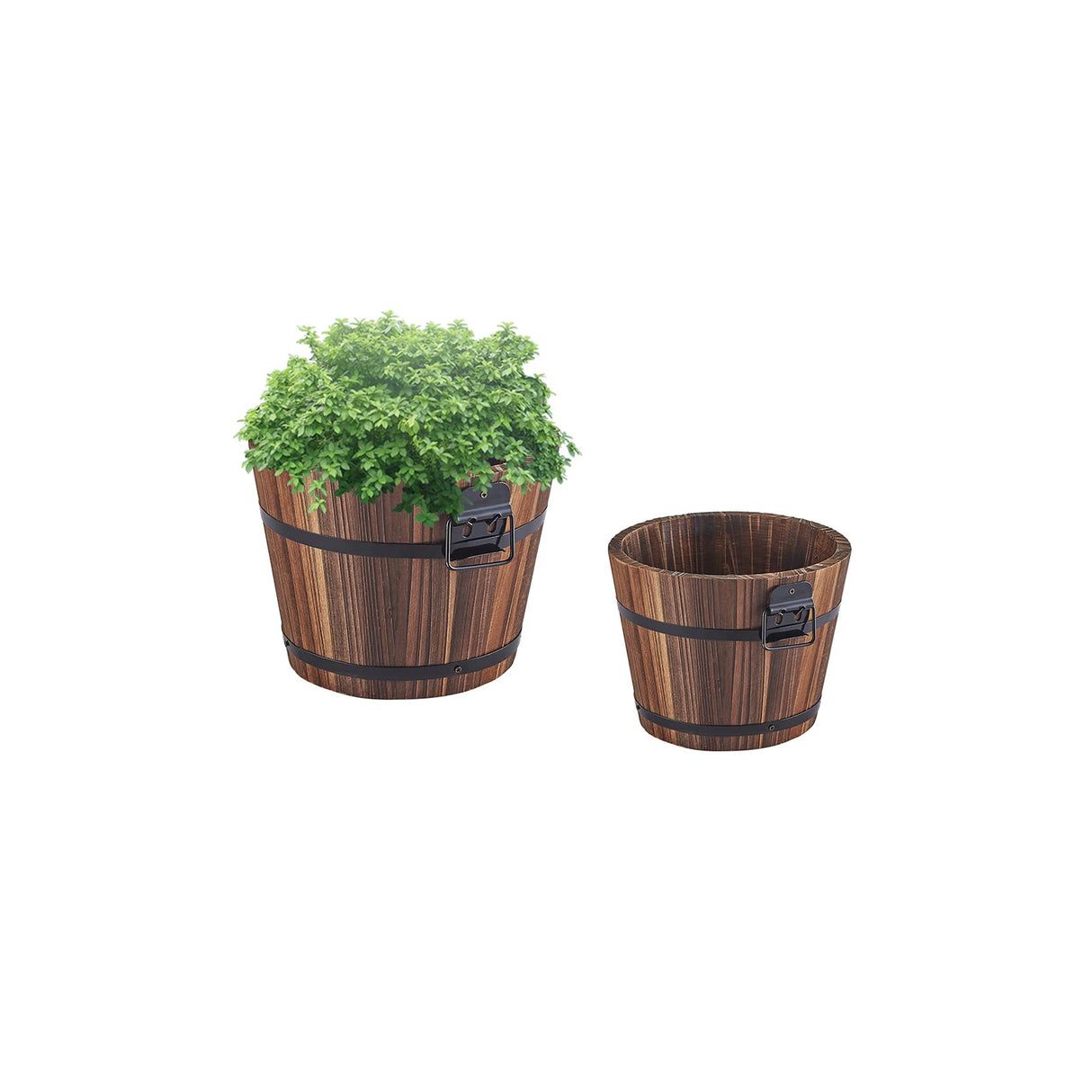 Small Wooden Bucket Barrel Planters – 6.3’’+5.3'' Rustic Flower Planters Pots Boxes Container with Drainage Holes for Indoor Home Decor Small Plants, HappyDecor