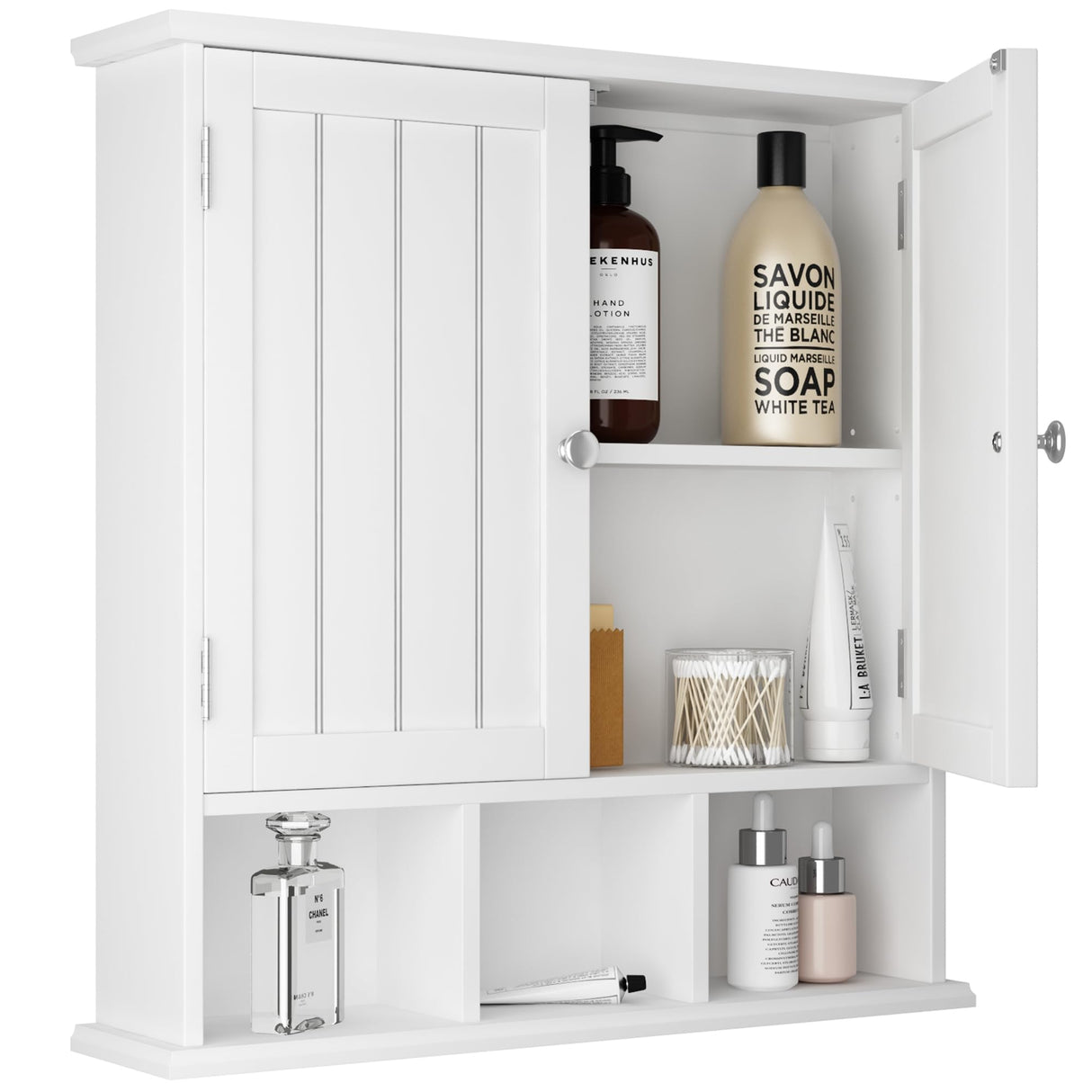 ChooChoo Bathroom Cabinet Wall Mounted 2-Door with 3 Open Shelves, Wooden Medicine Cabinets with Adjustable Shelf, Space Saver Storage Cabinets Over ChooChoo