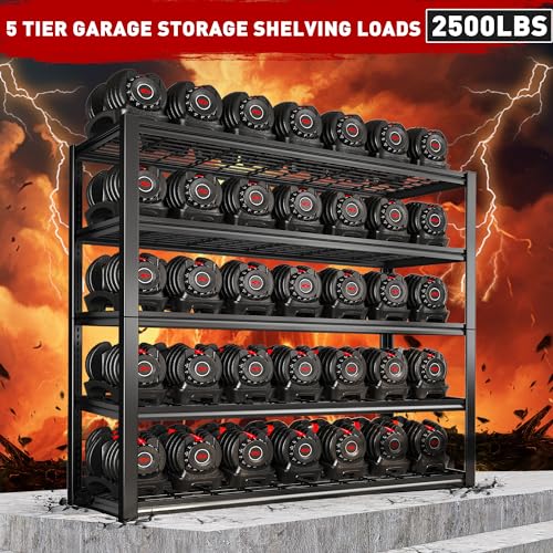 REIBII 48''W Garage Shelving Heavy Duty Loads 2500LBS Garage Storage Shelves Heavy Duty Shelving 5 Tier Adjustable Metal Shelving for Garage Storage REIBII