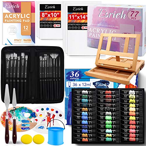 Acrylic Paint Set,77 PCS Professional Paint Supplies with Paint Brushes, Acrylic Paint,Table Easel, Canvases, Painting Pads, Palette, Paint Knives, ESRICH