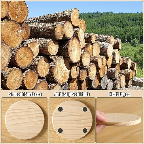 24 PCS Unfinished Round Wood Coasters, SIJDIEE 4 Inch Blank Wooden Craft Coasters with Non-Slip Foam Pad Stickers for DIY Stained Painting Wood SIJDIEE