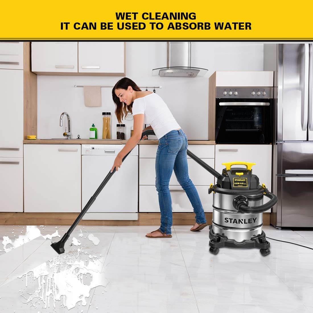 Stanley SL18116 Wet/Dry Vacuum, 6 Gallon, 4 Horsepower, Stainless Steel Tank, 4.0 HP, Silver+yellow Stanley