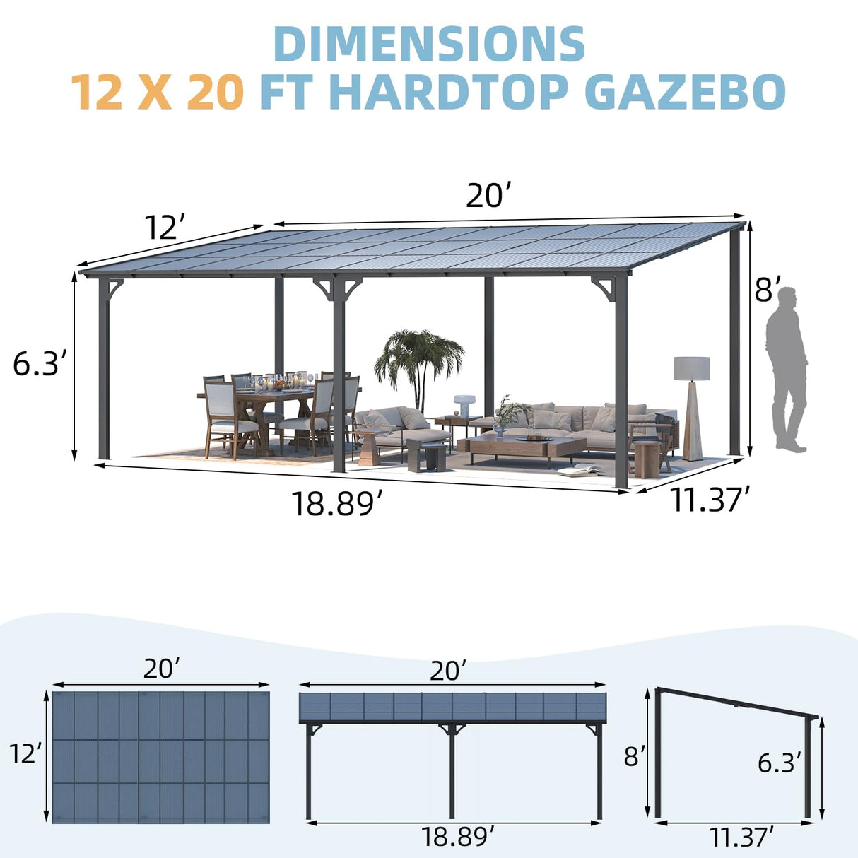 AECOJOY 20' x 12' Gazebo for Patio, Large Wall-Mounted Hard Top Lean-to Gazebo Pergola with Roof 12' x 20' on Clearance, Heavy Duty Patio Awnings for AECOJOY
