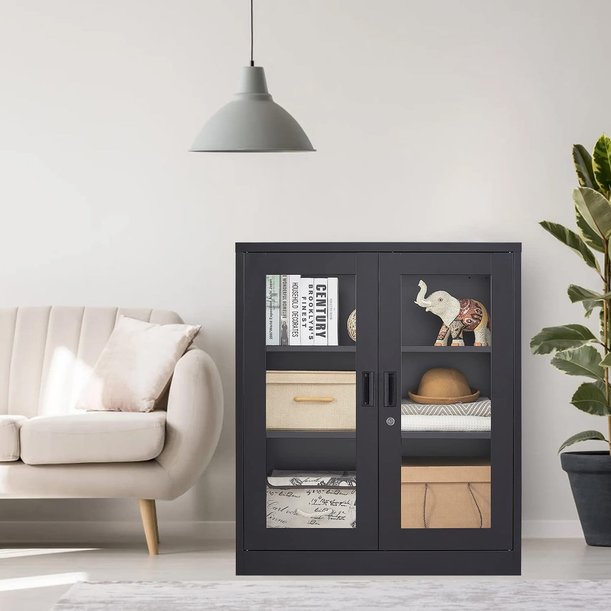 Anxxsu Metal Storage Cabinet with Glass Door, Locking Display Storage Cabinet with 2 Glass Doors and 2 Adjustable Shelves for Home, Office, Bedroom Anxxsu