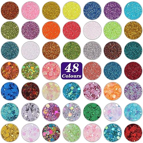 48 Tubes(24 fine +24 Chunky&fine Mixed) Set ANGXILIN Holographic Iridescent Metalic Colors Glitter,Epoxy Resin DIY Craft Glitter,Face Body Nail Art ANGXILIN