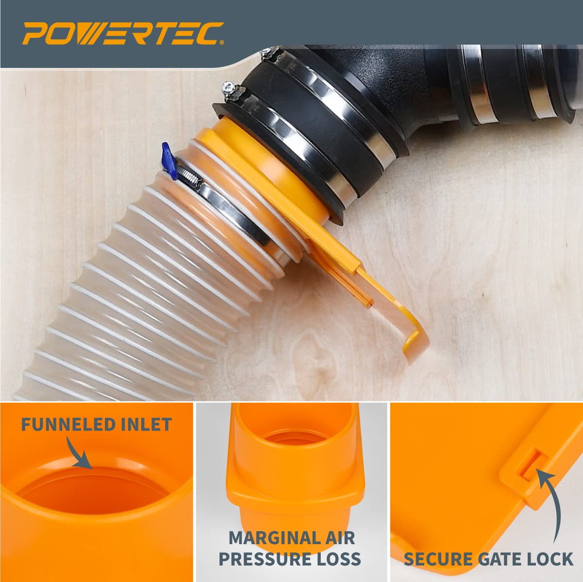 POWERTEC 70295-P4 4-Inch Integrated Blast Gate Clog Resistant, Anti Gap Tapered ABS Plastic Fitting for Dust Collection Systems – 4 Pack POWERTEC