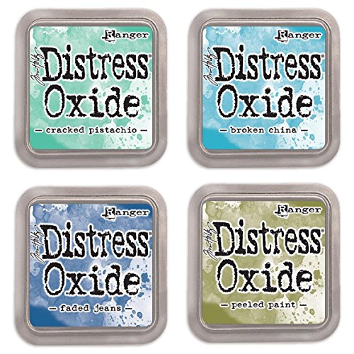 Ranger Tim Holtz Distress Oxide Ink Pads Bundle of 4 Colors - Cracked Pistachio, Broken China, Faded Jeans and Peeled Paint Honbeanify rgb