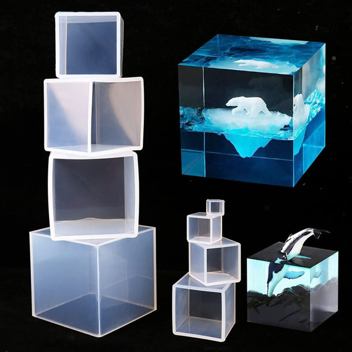 RESINWORLD Set of 4", 3", 2", 1.5", 1", 0.5" Clear Silicone Cube Molds, Large Deep Square Epoxy Resin Mold, Transparent Cube Silicone Molds for Resin ResinWorld