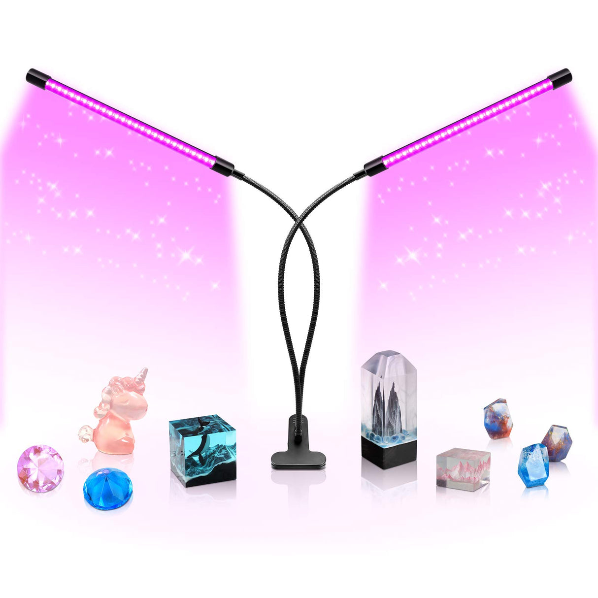YGS-Tech LED Black Light Dual Head, 20W UV Light Fixture with Clamp, 395-405nm UV Gooseneck Lamp USB Powered for Blacklight Party, Stage Lighting, YGS-Tech