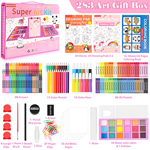 Soucolor Art Supplies, 283 Pieces Drawing Set Art Kits with Trifold Easel, 2 Drawing Pads, 1 Coloring Book, Crayons, Pastels, Arts and Crafts Gifts Soucolor