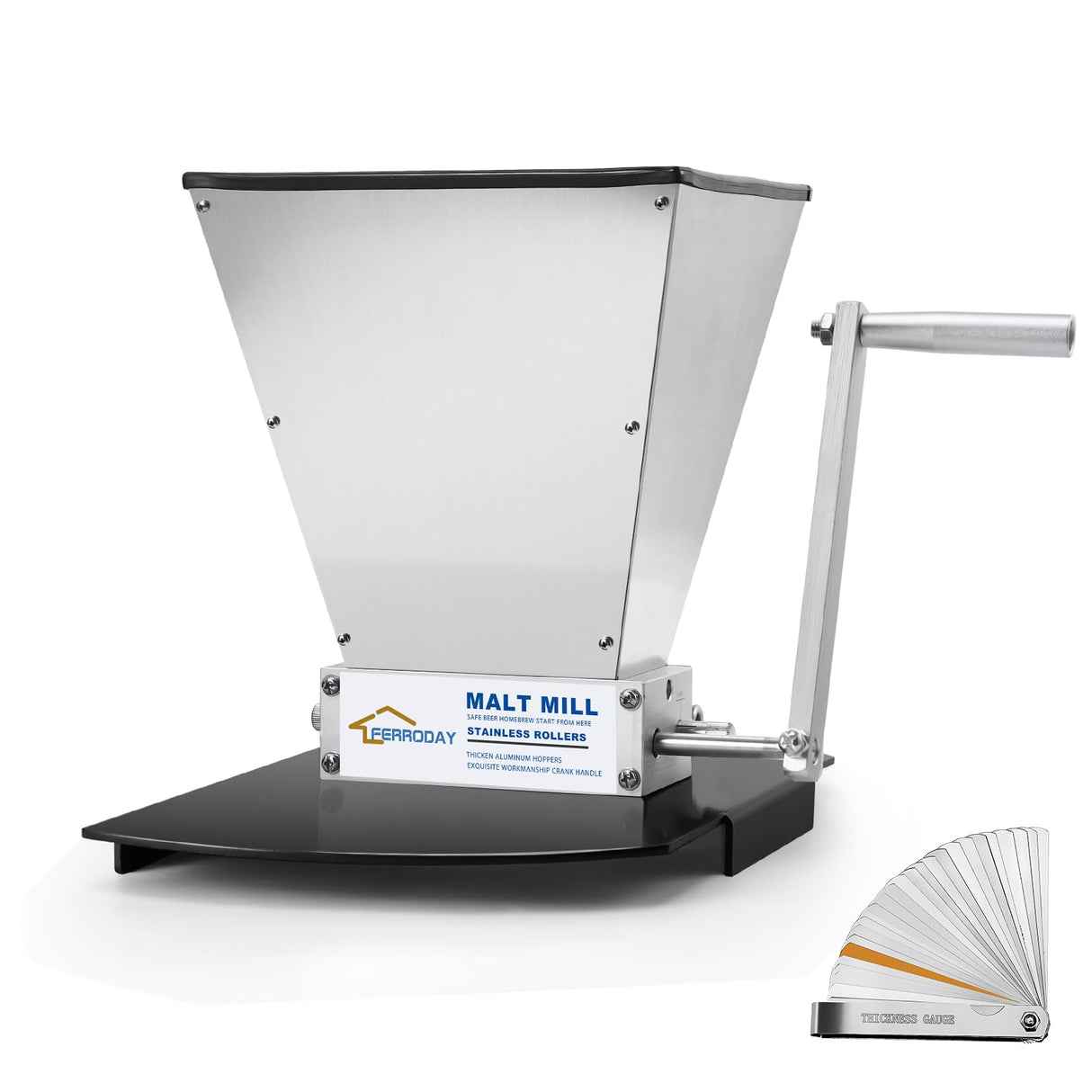 FERRODAY Malt Mill Malted Grain Mill 2 Roller Stainless Steel Malt Crusher Heavy Duty Malt Mill Homebrew Grain Crusher Adjustable Barley Grinder Low Ferroday