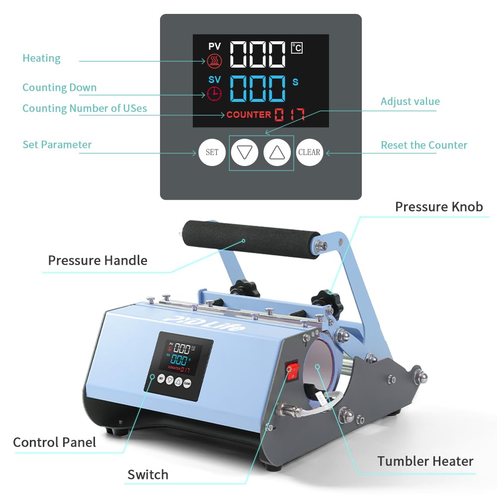 PYD Life 2 in 1 40 OZ Tumbler Heat Press Machine 110 V Blue 20 OZ 30 OZ Mug Heat Press for 40 OZ Tumbler with Handle Sublimation Straight Tumblers PYD Life