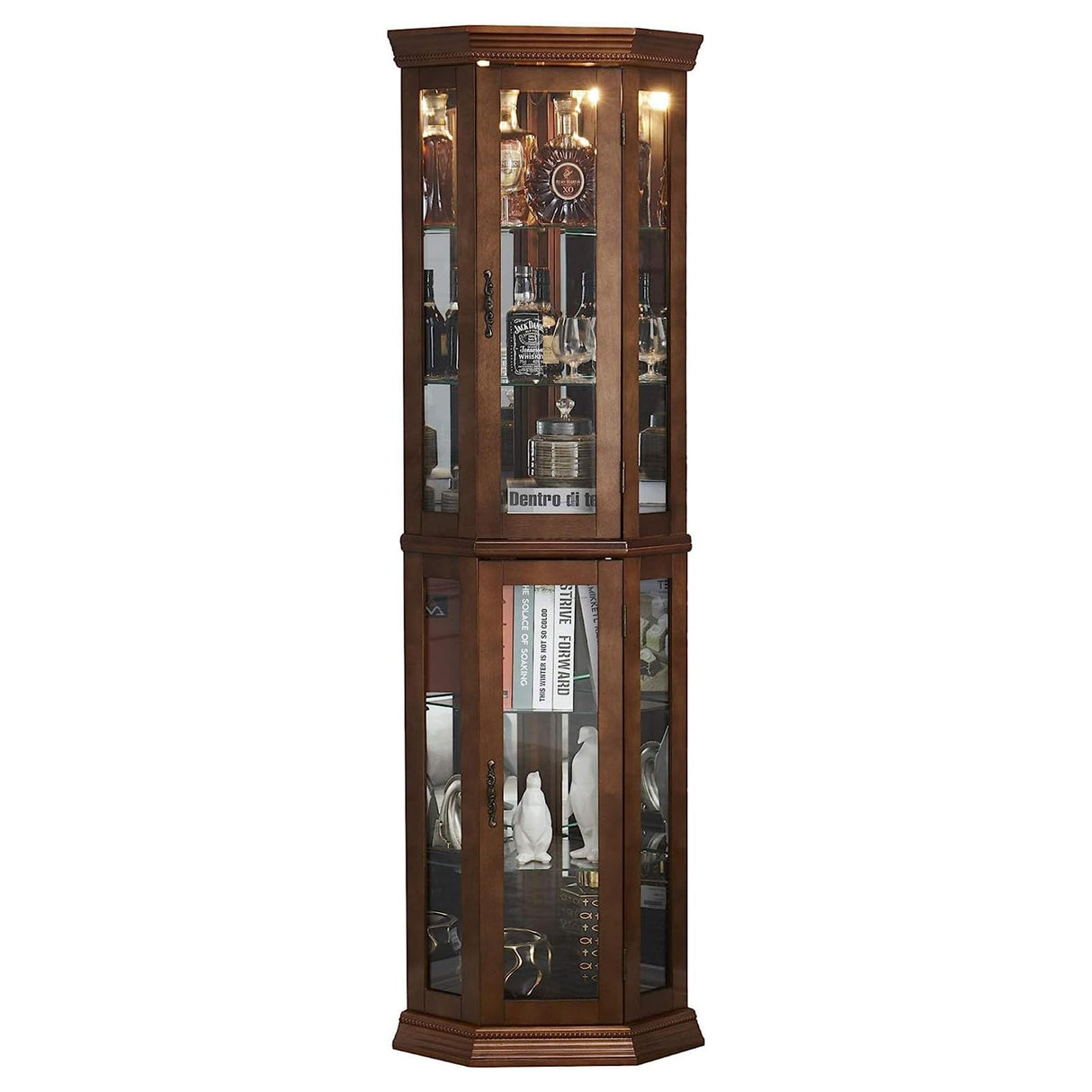 Hayiodda Corner Curio Glass Display Cabinet - Lighted Corner Curio China Cabinet with Mirrored Back, China Display Cabinet with Glass Doors and Hayiodda