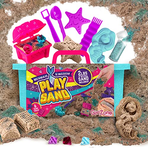 GirlZone Mermaid Treasures Play Sand Kit, 2lbs of Magic Sand for Kids Kit with Gems, Carry Case and More, Kids Toys for Playdates and Great Gift Idea GirlZone