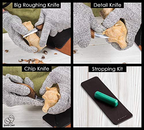 BeaverCraft Wood Carving Kit Deluxe Whittling Knives Set & Leather Strop for Carving Knife S15X Wood Carving Knives Set, Tools & Knife Strop with BeaverCraft