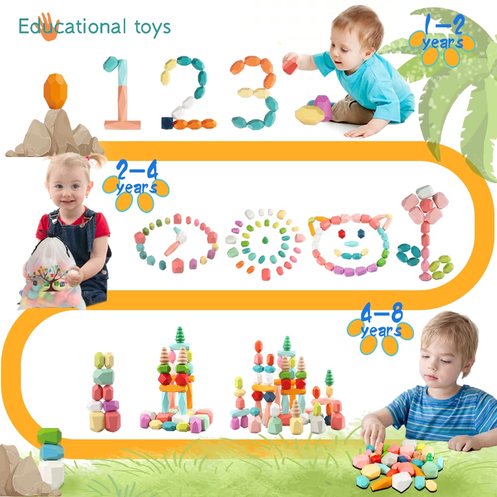48PCS Wooden Stacking Building Blocks Montessori Toys for 1 2 3 4 5 6 Year Old Girls Boys Preschool Educational Sensory Toys for Toddlers 1-3 STEM BigShu