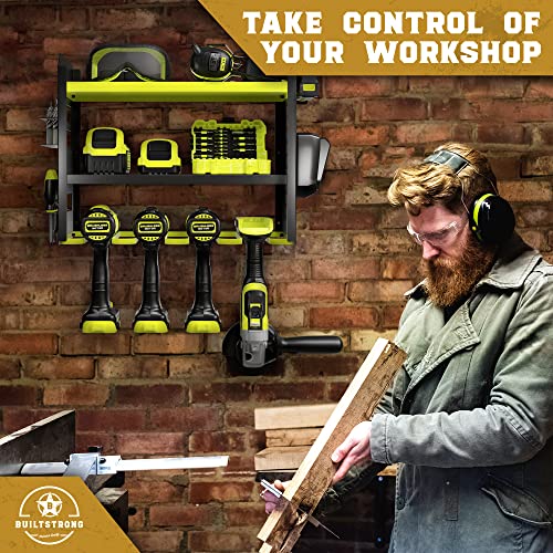 BUILTSTRONG Power Tool Organizer Wall Mount - 3-Tier Heavy-Duty Metal Hand Tool Storage Rack, Utility Racks, Drill Holder, PegBoard Side, & More - BUILTSTRONG