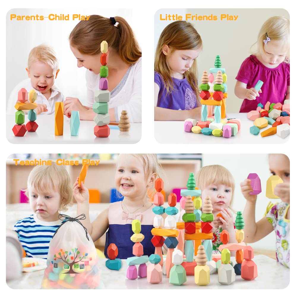 48PCS Wooden Stacking Building Blocks Montessori Toys for 1 2 3 4 5 6 Year Old Girls Boys Preschool Educational Sensory Toys for Toddlers 1-3 STEM BigShu