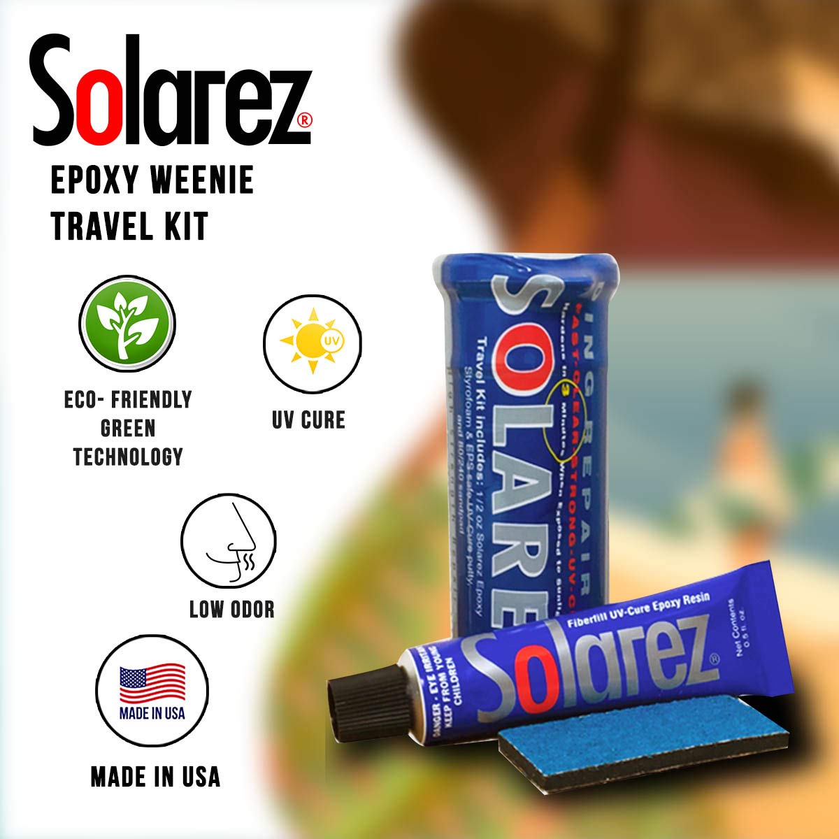 SOLAREZ UV Cure Epoxy Ding Repair Weenie Travel Kit (0.5 oz Tube) - SUP/Surfboard Repair - Fast Solar Cure Clear Resin w 60/240 Grit Sand Block w SOLAREZ