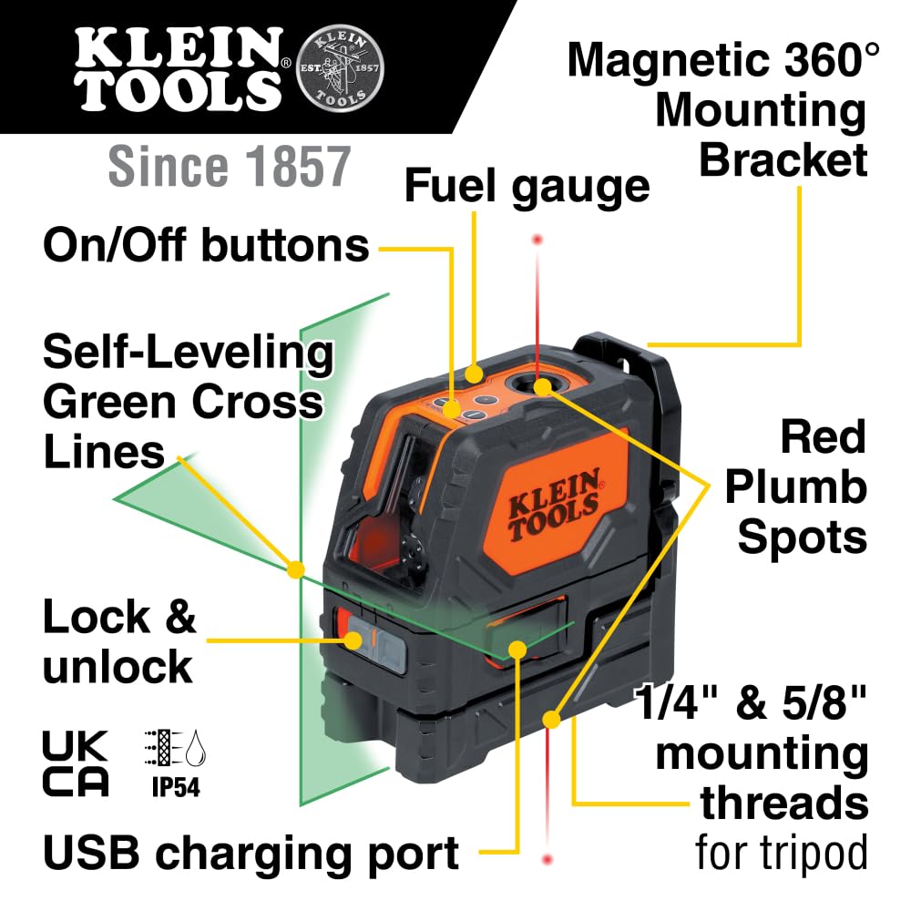 Klein Tools 93LCLGR Self-Leveling Laser Level, Rechargeable, Cross-Line Level with Bright Green Lines, Red Plumb, Magnetic Mounting Clamp Klein Tools
