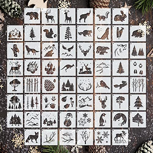 60 Pieces Winter Stencils Pine Tree Deer Bear Mountain Animal Stencils Reusable for Christmas Winter DIY Crafts Wall Home Decor (Deer) Marspark