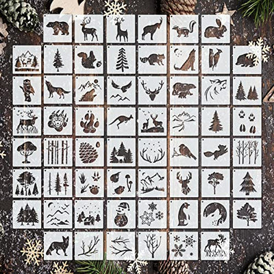 60 Pieces Winter Stencils Pine Tree Deer Bear Mountain Animal Stencils Reusable for Christmas Winter DIY Crafts Wall Home Decor (Deer)