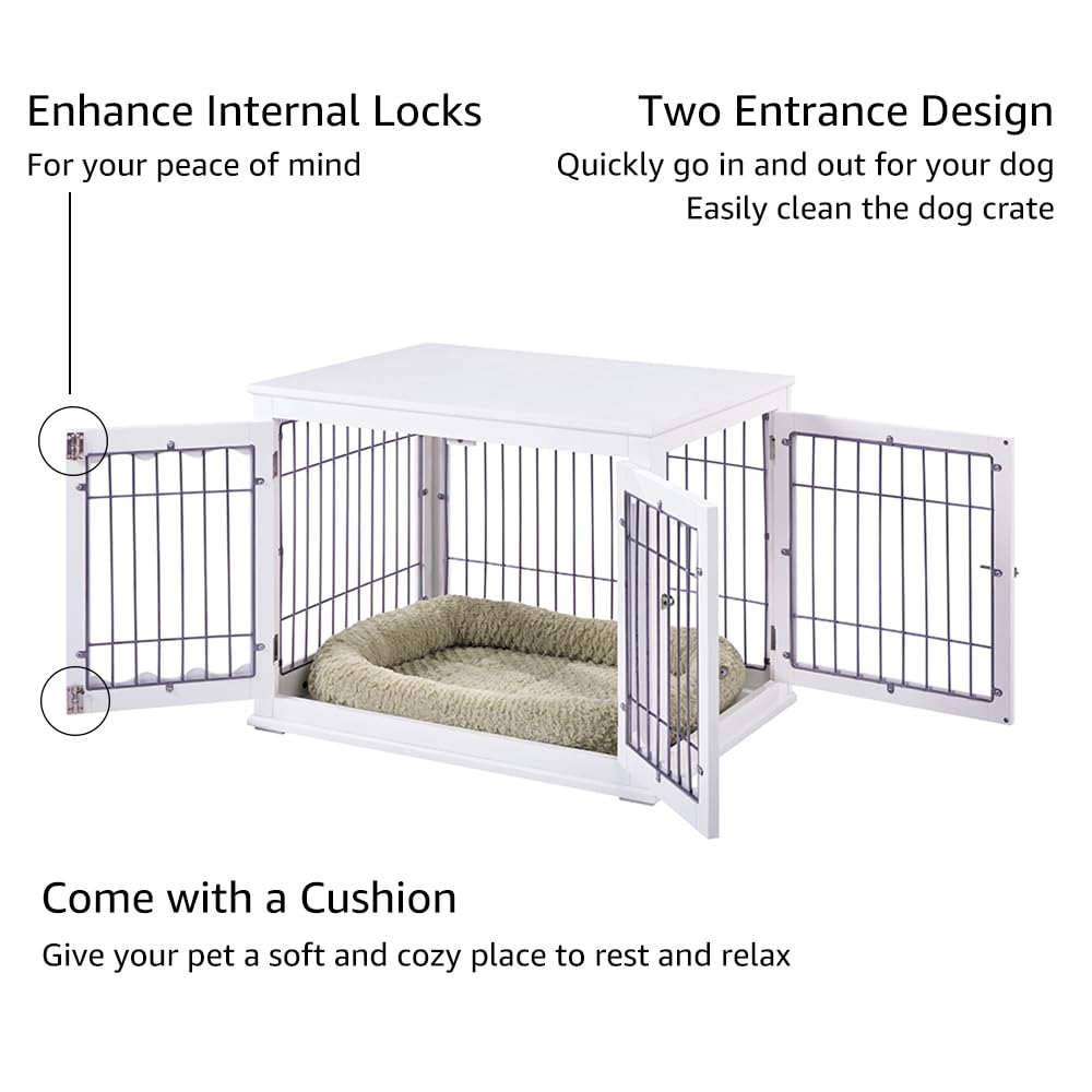 unipaws Furniture Style White Dog Crate for Medium Dogs, Indoor Aesthetic Puppy Kennel, Modern Decorative Wood Wire Pet House Dog Cage, Pretty Cute unipaws