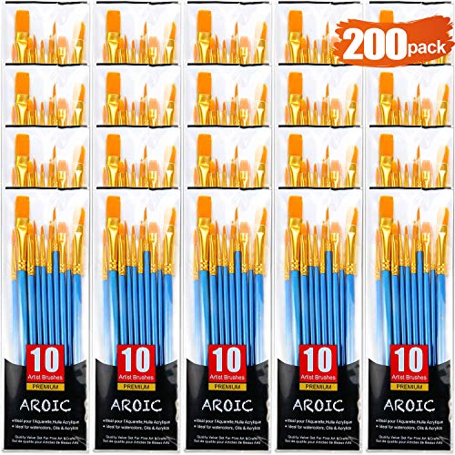 Acrylic Paint Brush Set, (20 Packs /200 pcs) Nylon Hair Brushes for Oil and Watercolor, Perfect Suit of Art Painting, Best Gift for Painting AROIC