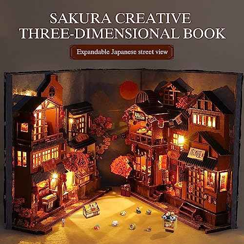 DIY Book Nook Kits, 3D Wooden Puzzles Bookshelf Insert Decorative Bookend Model Kits with LED,DIY Diorama Dollhouse Kit Crafts Hobbies Home Decor for tomyoung