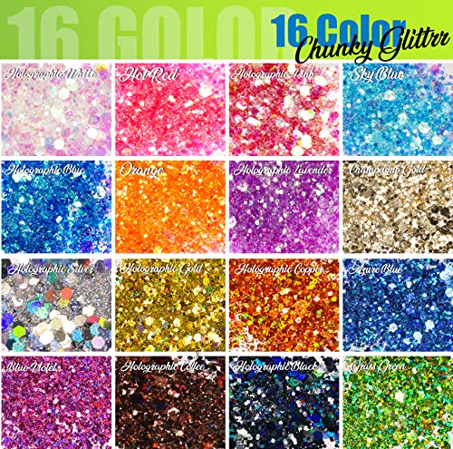 LEOBRO Glitter, Fine Glitter and Chunky Glitter, 32 Jars Craft Glitter Powder Holographic Glitter Resin Glitter for Crafts, Halloween Christmas Body LEOBRO