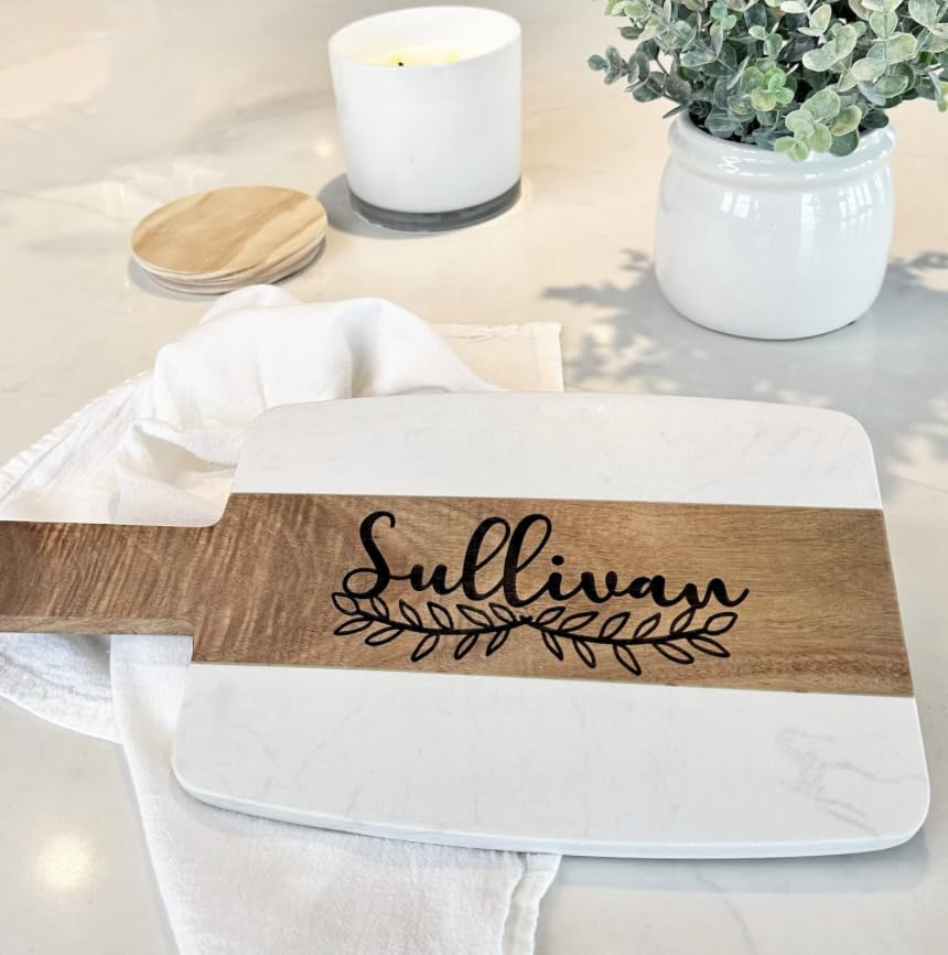 Cheese Board, Personalized Wood Marble Cutting Board, Initial Marble Cheese Board Charcuterie Boards, Engagement Gifts for Couples (Rectangular Wood The Paisley Box
