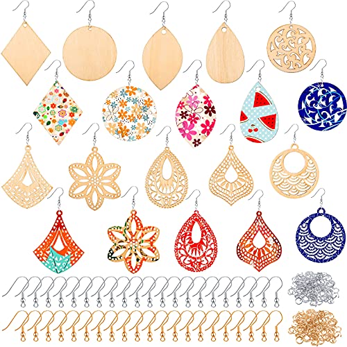 296 Pieces Wooden Dangle Earring Set Unfinished Wooden Earrings Set 48 Blank Wooden Pendants Teardrop Earrings with 48 Earrings Hooks 200 Jump Rings Hicarer