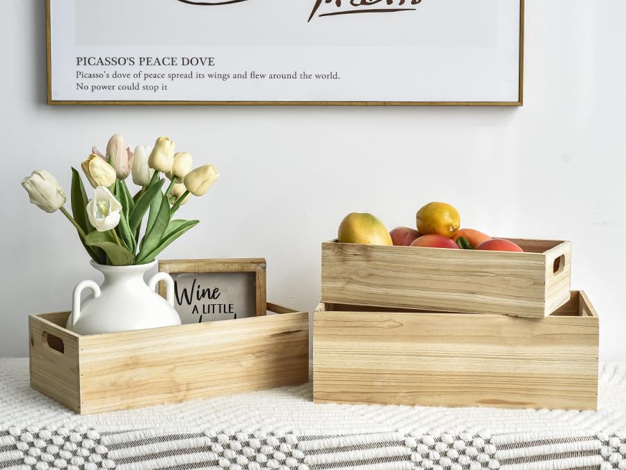 MACVAD Set of 3 Unfinished Wooden Crates, Large Wooden Storage Crates for Display Rustic, Farmhouse Style Storage Container Baskets Boxes for Home MACVAD