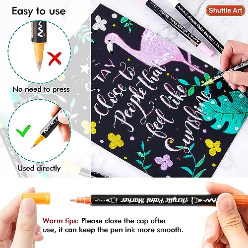 28 Metallic Colors Dual Tip Acrylic Paint Markers, Brush Tip and Fine Tip Acrylic Paint Pens for Rock Painting, Ceramic, Wood, Canvas, Plastic, Shuttle Art