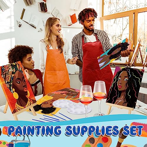 Xtinmee 12 Sets Afro Girl Painting Kit Bundle Include Wood Easels Pre Drawn Drawing Board Nylon Brush Palettes Plain Aprons Tassels and Metal Ring Xtinmee