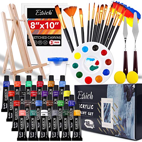 Acrylic Paint Set,46 Piece Professional Painting Supplies with Paint Brushes, Acrylic Paint, Easel, Canvases, Palette, Paint Knives, Brush Cup and ESRICH