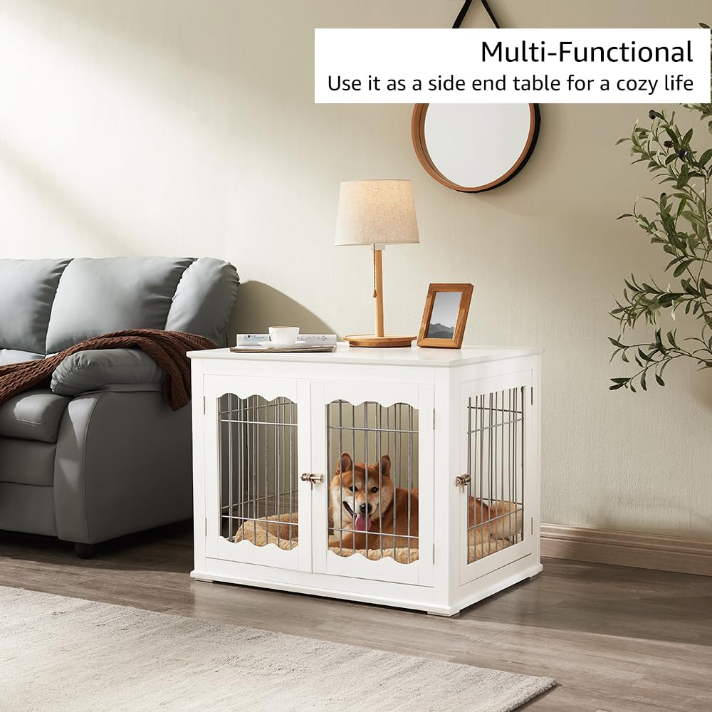 unipaws Furniture Style White Dog Crate for Medium Dogs, Indoor Aesthetic Puppy Kennel, Modern Decorative Wood Wire Pet House Dog Cage, Pretty Cute unipaws