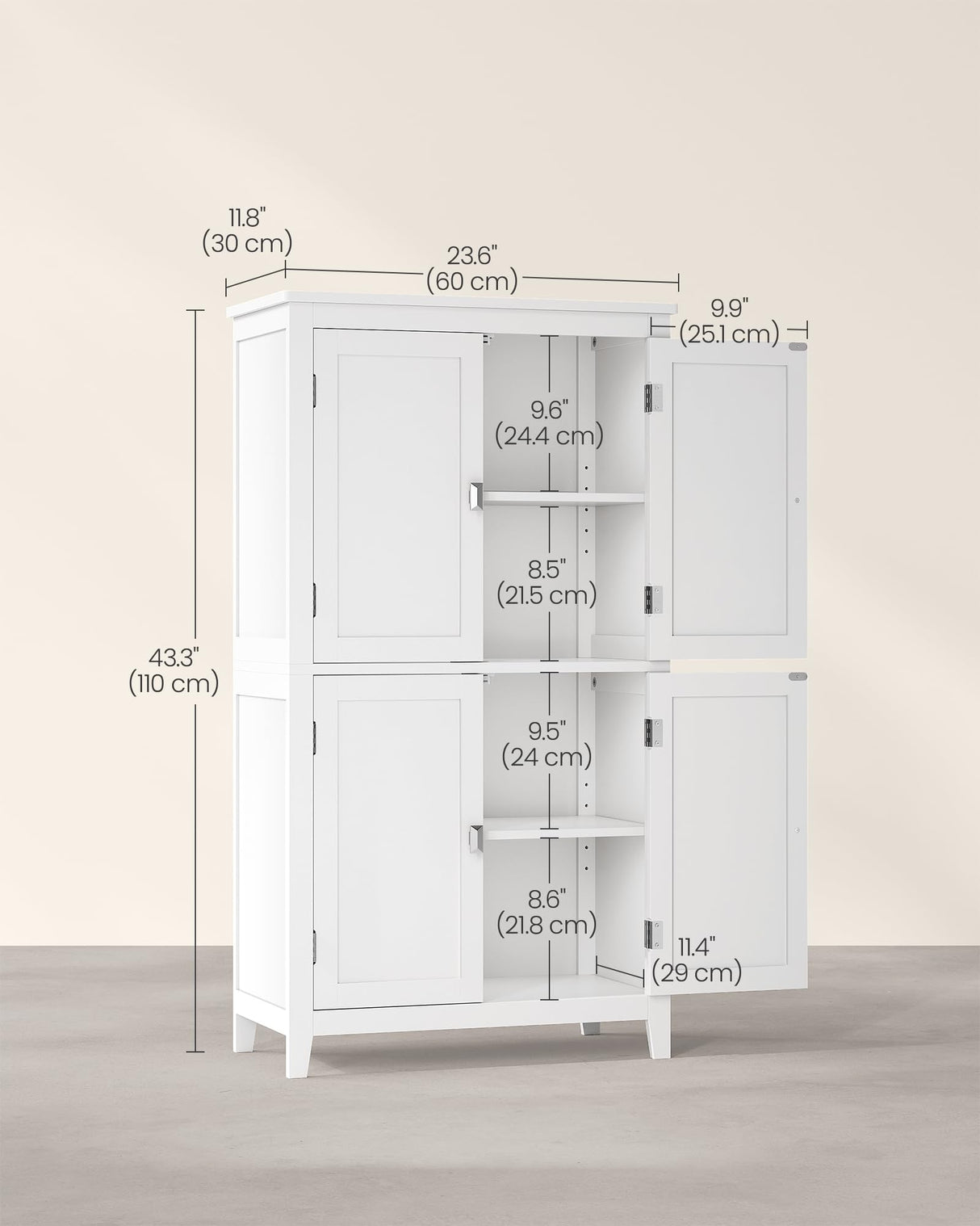 VASAGLE Bathroom Floor Storage Cabinet, Bathroom Storage Unit, Freestanding Cabinet with 4 Doors, Adjustable Shelves, 11.8 x 23.6 x 43.3 Inches, VASAGLE