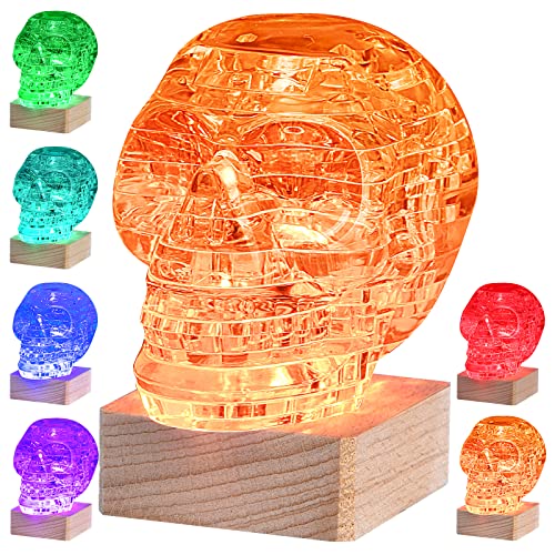 3D Skull Crystal Puzzle, Skull Assembly Brain Teaser with Light-Up Wood Base for Halloween Decorations Indoor, Plastic Skull DIY Puzzle Blocks 3D WoodArtSupply