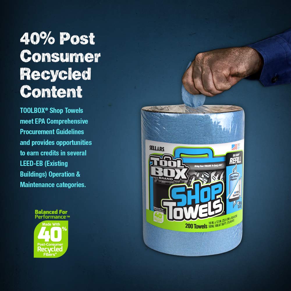 Sellars 55207 Toolbox Shop Towels Dispenser Refill, 12" Length x 10" Width, Blue (6 Rolls of 200 Sheets) Sellars Wipers & Sorbents