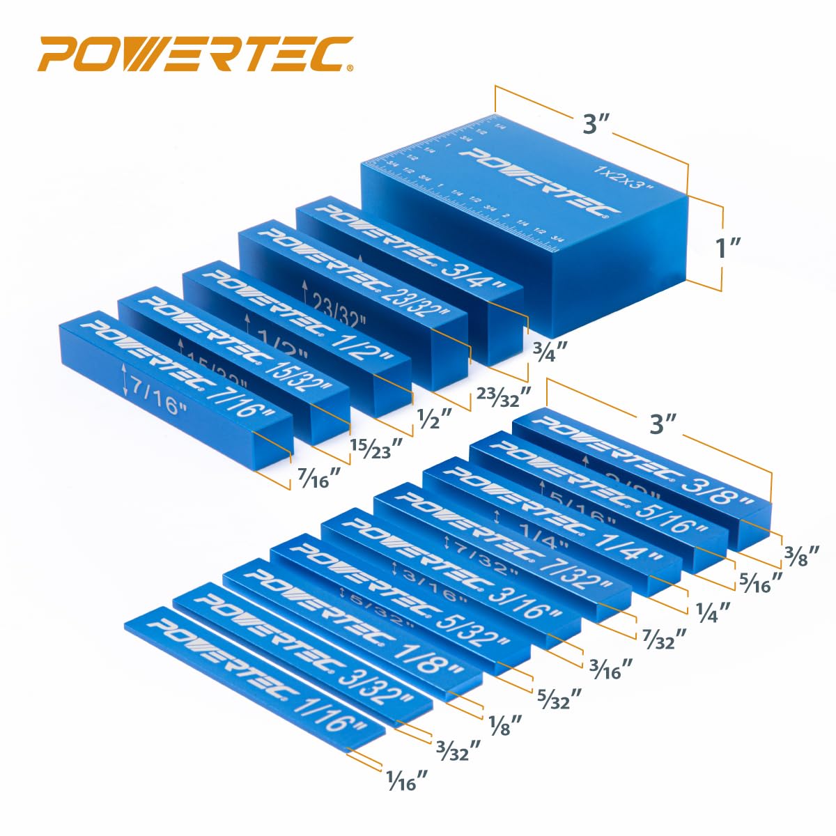 POWERTEC 15pcs Setup Blocks Height Gauge Set, Router Table Setup Bars for Router Bit/Table Saw Blade Height, Band Saw, Drill Press, Aluminum Marking POWERTEC
